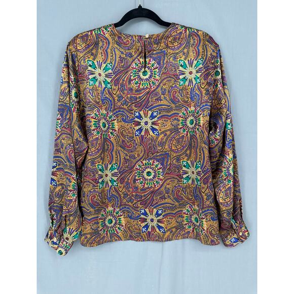 90s Vintage Top Womens Large Yellow Paisley Satin Boho Psychedelic Bohemian - Picture 3 of 8